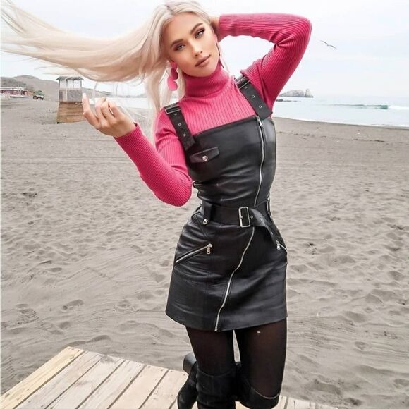 100% SHEEP LEATHER GENUINE PURE LEATHER MOTO DRESS ZARA - Picture 1 of 13